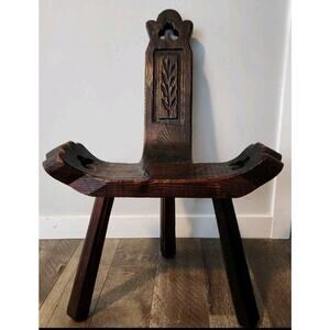 MCM Spanish Brutalist Hand Carved Primitive Wood Solid Oak w Patina Tripod Chair